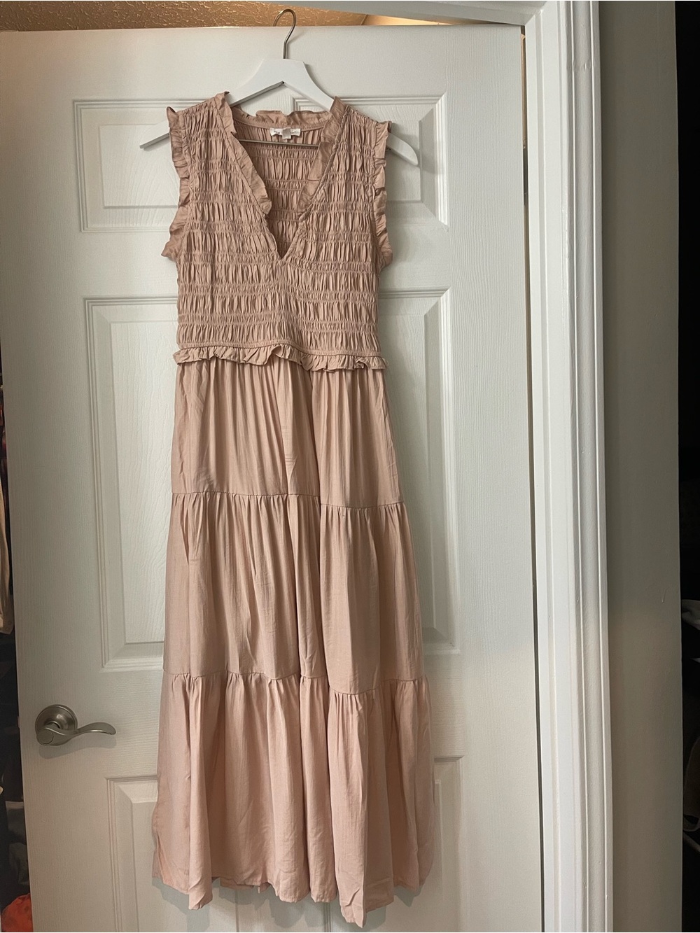 Blu Pepper Blush Smocked V-Neck Tiered Maxi Dress